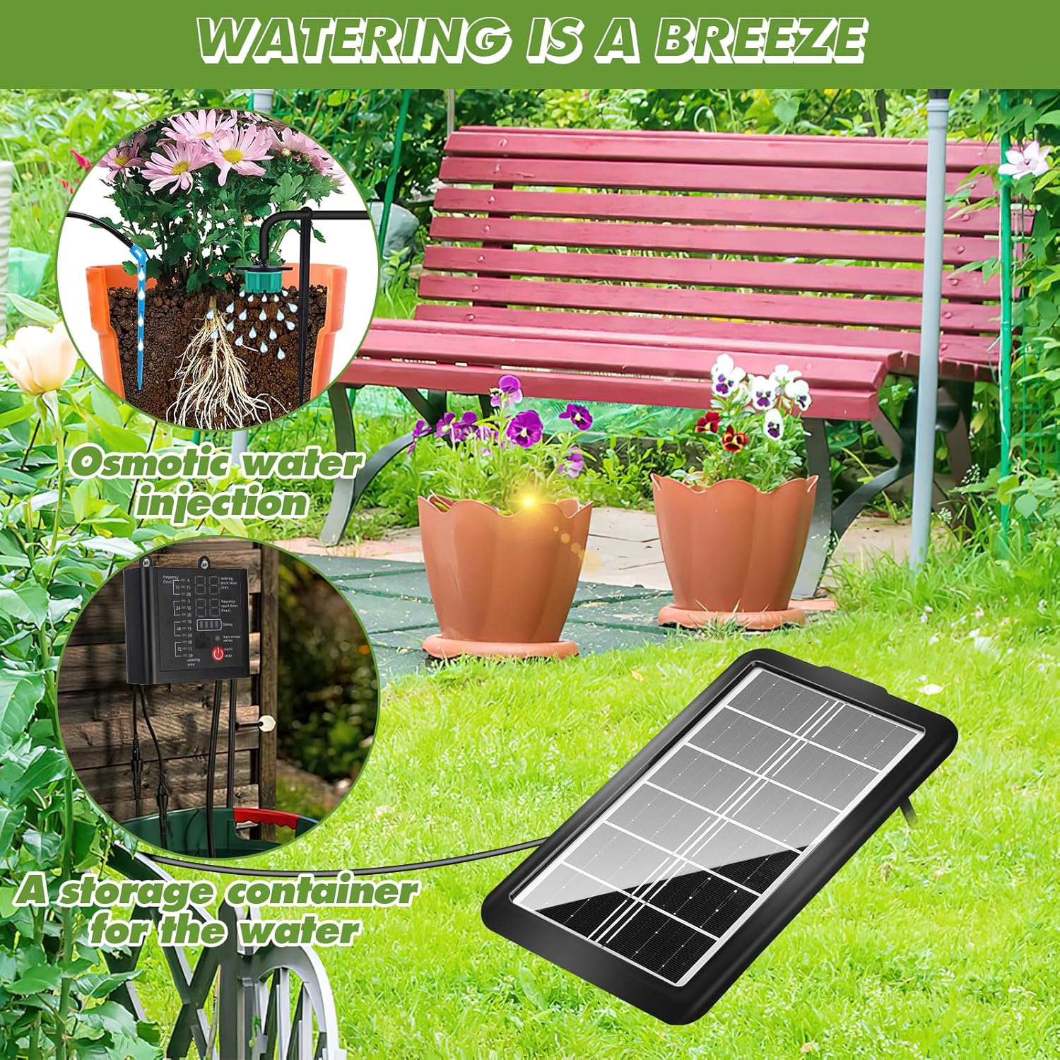 Kit sistem de irigare prin picurare solar automat, cu panou solar, 15 picuratoare, 15 m de furtun, senzor nivel apa, 12 moduri irigare, incarcare duala USB-C/solar, indicator nivel baterie, impermeabil IP65
