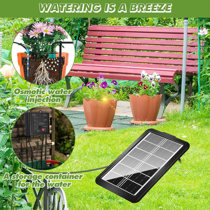 Kit sistem de irigare prin picurare solar automat, cu panou solar, 15 picuratoare, 15 m de furtun, senzor nivel apa, 12 moduri irigare, incarcare duala USB-C/solar, indicator nivel baterie, impermeabil IP65