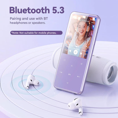 MP3 Player AGPTEK 64GB cu Bluetooth 5.3, ecran TFT de 2.4 inch, HiFi Lossless, difuzor integrat, radio FM, inregistrare, suport Card TF 128GB, violet