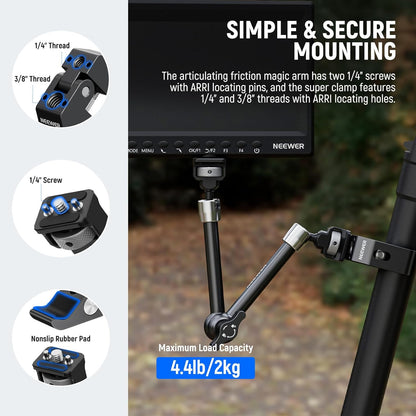Set brat articulat de 11 inch Joint Magic Arm cu clema Super Clamp cu filet 1/4 Inch si 3/8 Inch, sarcina maxima 3 kg, pentru cage, monitor de camp, camera DSLR, ring light, lumina LED, multifunctionale