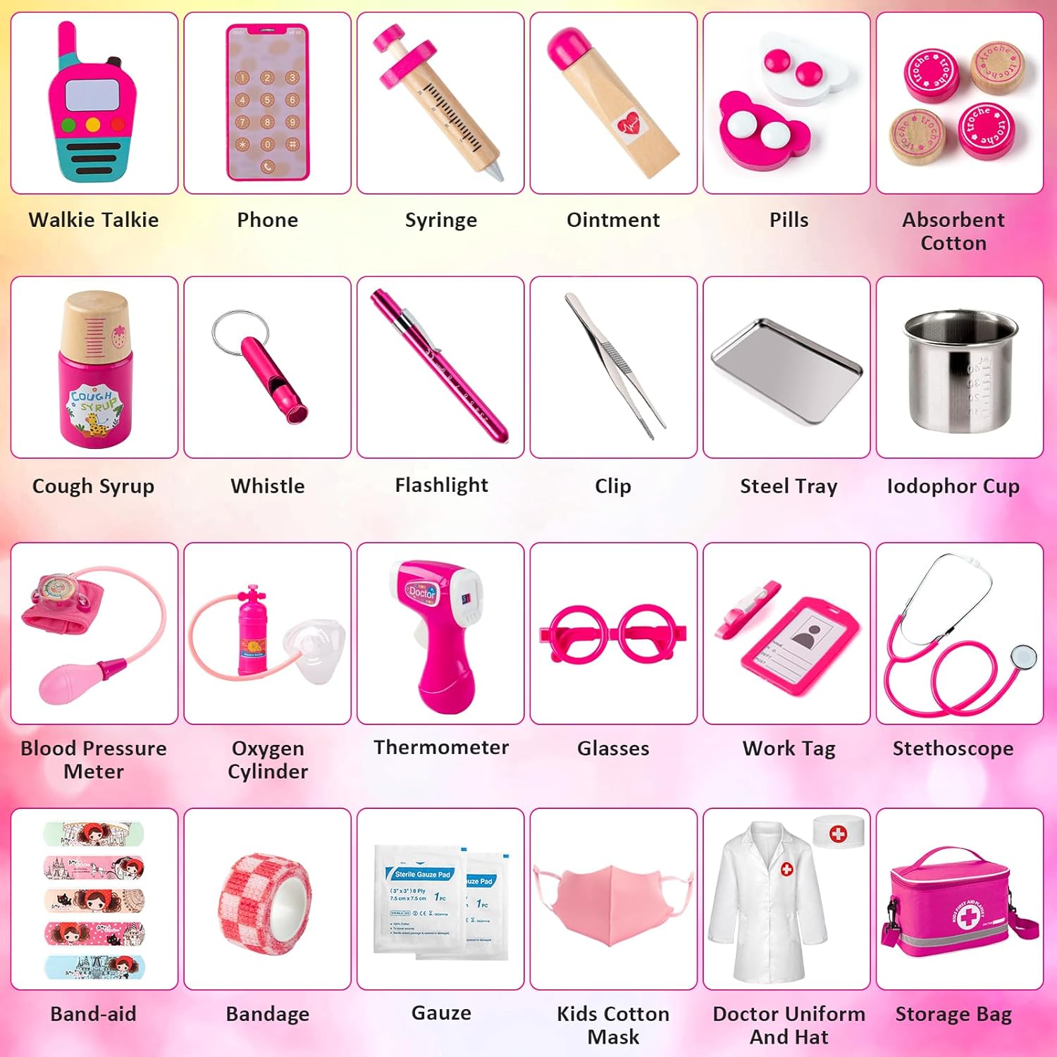 Joc de rol, set trusa de doctor pentru copii cu stetoscop functional, halat, termometru, ochelari, masca, tensiometru si accesorii, roz