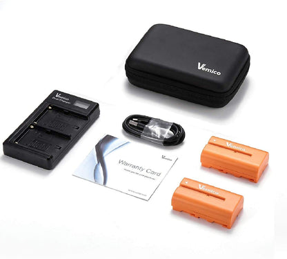 Kit de lumina continua cu 2 acumulatori NP-F550 3000 mAh si incarcator cu LCD, 2 lumini studio LED, telecomanda, 4 filtre de culoare, luminozitate reglabila 0-100%, alimentare duala, cu 2 buc trepied reglabil, geanta de depozitare si transport