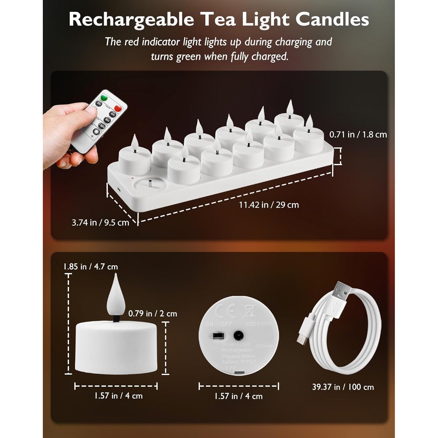 Set 12 lumanari LED reincarcabile, cu statie de incarcare si telecomanda, 120 mAh, efect de flacara, temporizator, dimabile, pentru Halloween, Craciun, nunta, petrecere