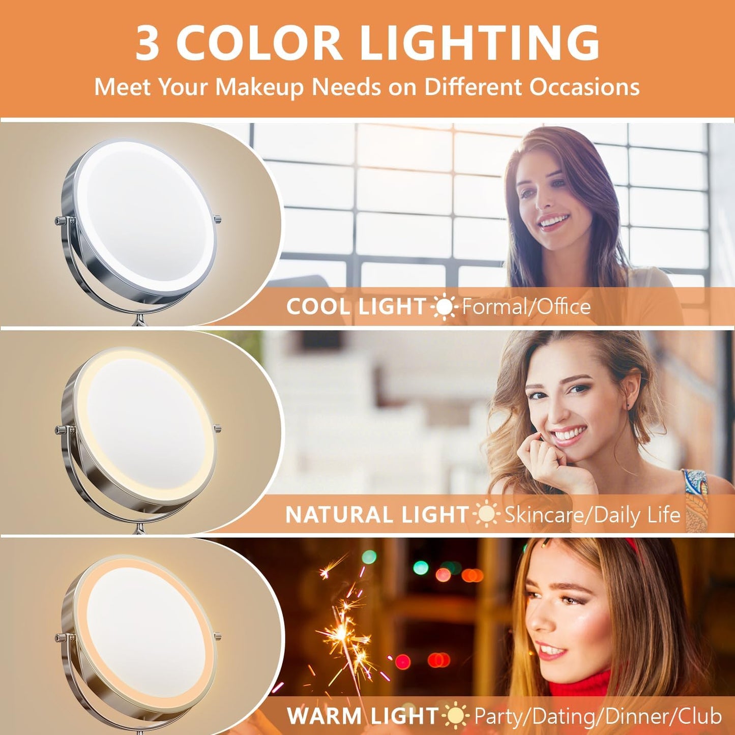 Oglinda cosmetica iluminata LED, marire 1X/20X, luminozitate reglabila, 3 moduri iluminare, reincarcabila, cu doua fete, buton tactil, rotativa 360°, neagra