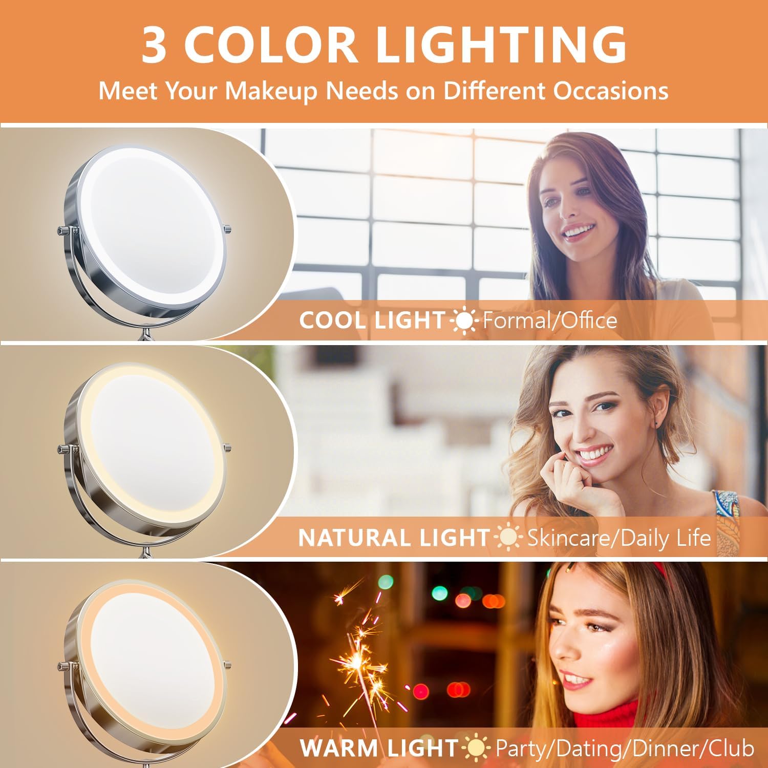 Oglinda cosmetica iluminata LED, marire 1X/20X, luminozitate reglabila, 3 moduri iluminare, reincarcabila, cu doua fete, buton tactil, rotativa 360°, neagra