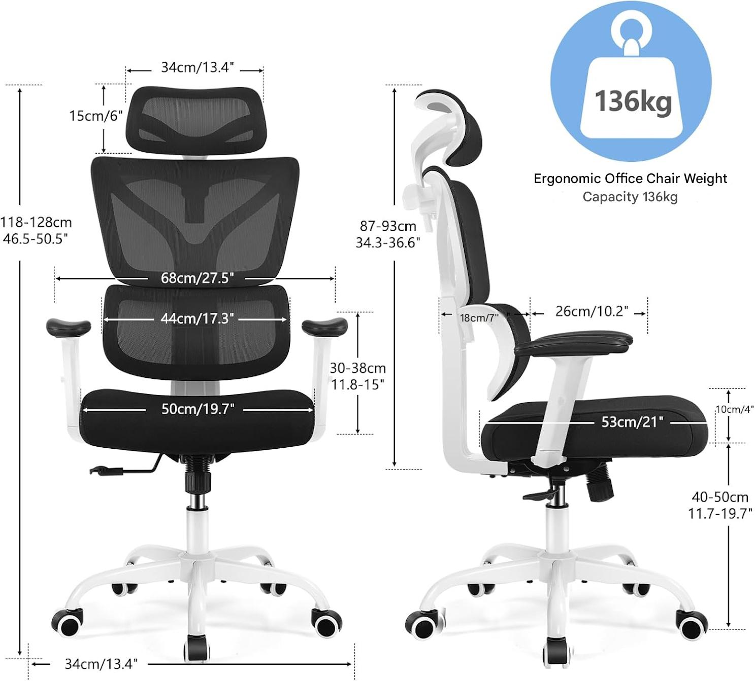 Scaun de birou ergonomic 50cm x 44cm x 128 cm, mecanism tilt, inaltime reglabila, rotativ 360°, tetiera reglabila, suport lombar, cotiere 3D, spatar reglabil 90°/105°/130°, alb