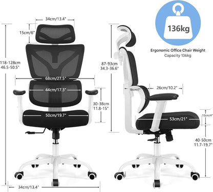 Scaun de birou ergonomic 50cm x 44cm x 128 cm, mecanism tilt, inaltime reglabila, rotativ 360°, tetiera reglabila, suport lombar, cotiere 3D, spatar reglabil 90°/105°/130°, alb