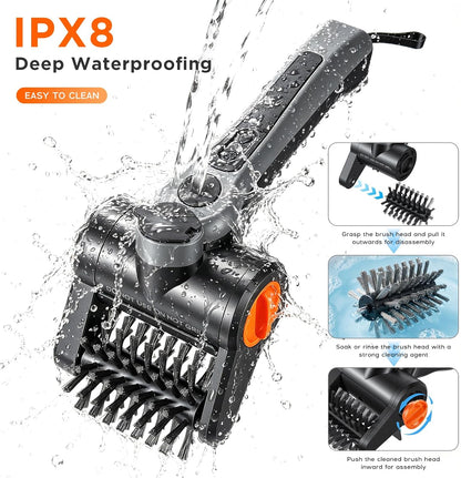 Perie electrica profesionala pentru curatat gratare 100W, 8000 RPM, curatare automata 360°, rezervor apa 300ml cu pulverizare, baterie 2600mAh 7.4V, 2 viteze, IPX8 waterproof, peri otel inoxidabil 304, incarcare USB-C, set complet cu accesorii si geanta