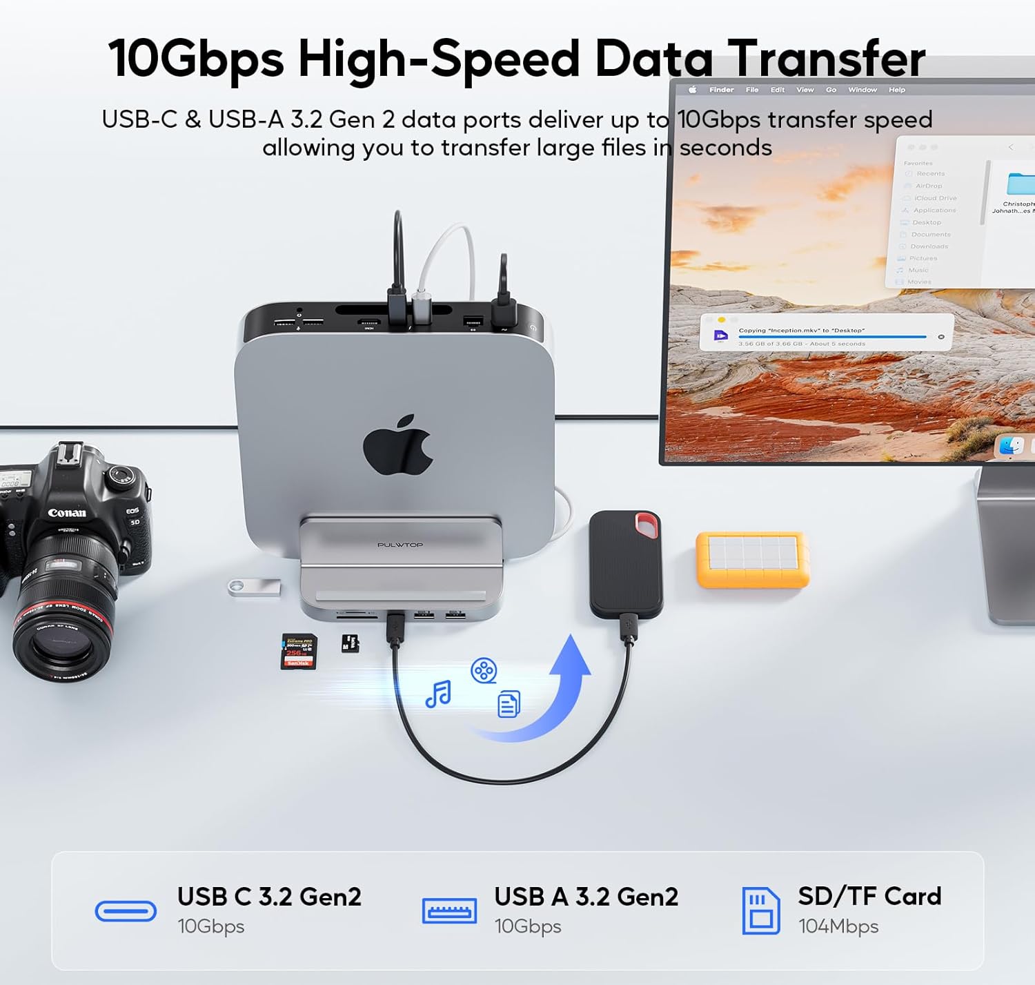 Suport Hub pentru Mac Mini M2/M1, Docking Station vertical 8 in 1 cu slot SSD PCIe, 3 slot USB-A, USB-C 10 Gbps, cititor de carduri SD/TF, mufa audio 3, 5 mm, cu suport telefon
