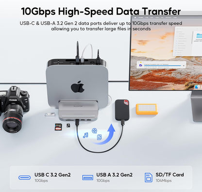 Suport Hub pentru Mac Mini M2/M1, Docking Station vertical 8 in 1 cu slot SSD PCIe, 3 slot USB-A, USB-C 10 Gbps, cititor de carduri SD/TF, mufa audio 3, 5 mm, cu suport telefon