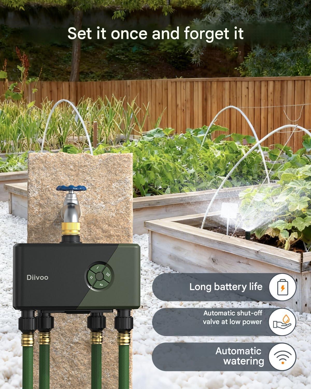 Programator irigatii inteligent, 4 zone independente, WiFi 2.4 GHz, control prin aplicatia HomGar, cu Gateway inclus, compatibil Alexa si Google Assistant, 24 programe de udare, intrare din alama, functie Rain Delay 24-72 h, mod ceata, udare manuala