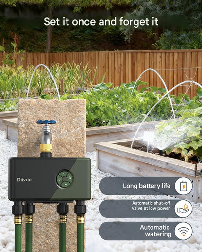Programator irigatii inteligent, 4 zone independente, WiFi 2.4 GHz, control prin aplicatia HomGar, cu Gateway inclus, compatibil Alexa si Google Assistant, 24 programe de udare, intrare din alama, functie Rain Delay 24-72 h, mod ceata, udare manuala