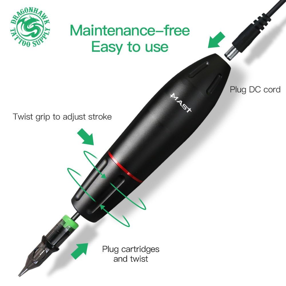 Masina de tatuat rotativa Dragonhawk Mast Pen Space, aluminiu, motor japonez, cursa reglabila 2.8–3.5 mm, ergonomica, compatibila cartuse, 6–9V, model WQ102-2