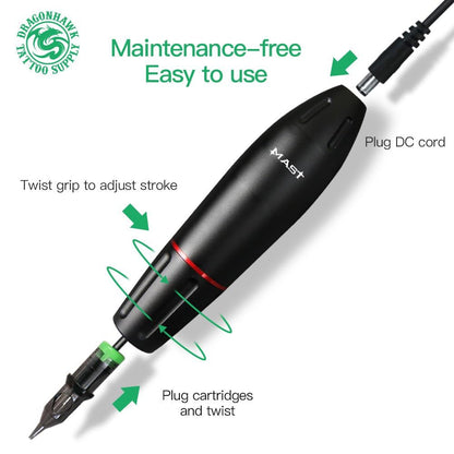 Masina de tatuat rotativa Dragonhawk Mast Pen Space, aluminiu, motor japonez, cursa reglabila 2.8–3.5 mm, ergonomica, compatibila cartuse, 6–9V, model WQ102-2