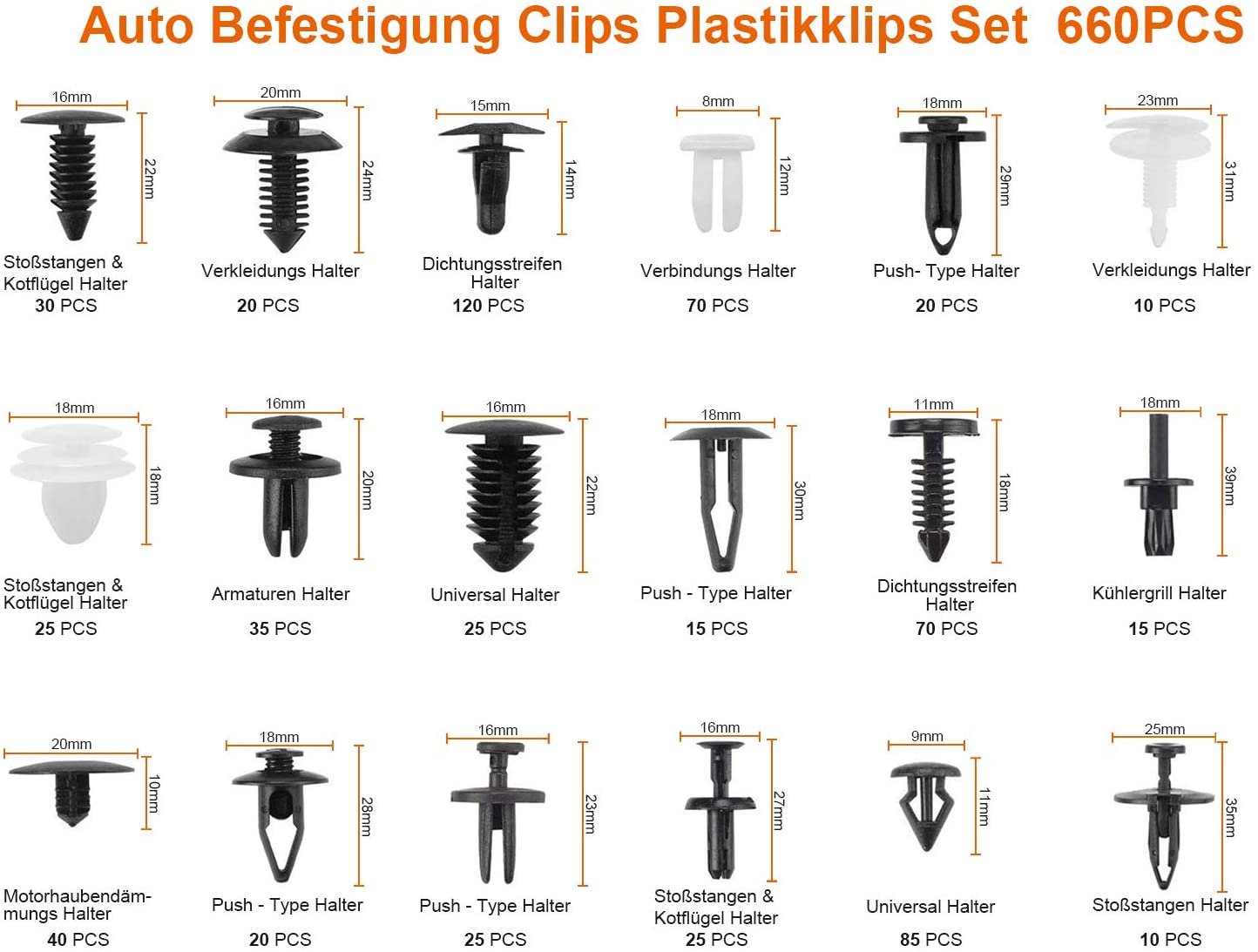 Set profesional 715 piese cleme auto de fixare universale, clipsuri caroserie 660 buc + 6 unelte demontare + coliere plastic + garnituri burete, compatibil BMW, Mercedes, Toyota, Honda, Nissan, Mazda, Jeep, kit complet reparatii si tapiterie auto