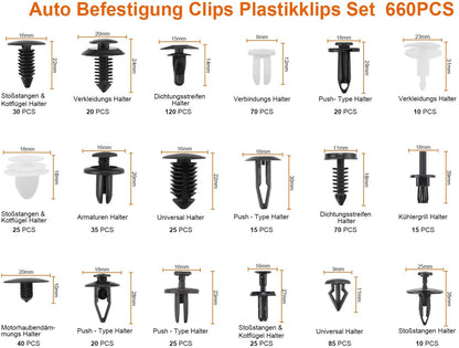 Set profesional 715 piese cleme auto de fixare universale, clipsuri caroserie 660 buc + 6 unelte demontare + coliere plastic + garnituri burete, compatibil BMW, Mercedes, Toyota, Honda, Nissan, Mazda, Jeep, kit complet reparatii si tapiterie auto