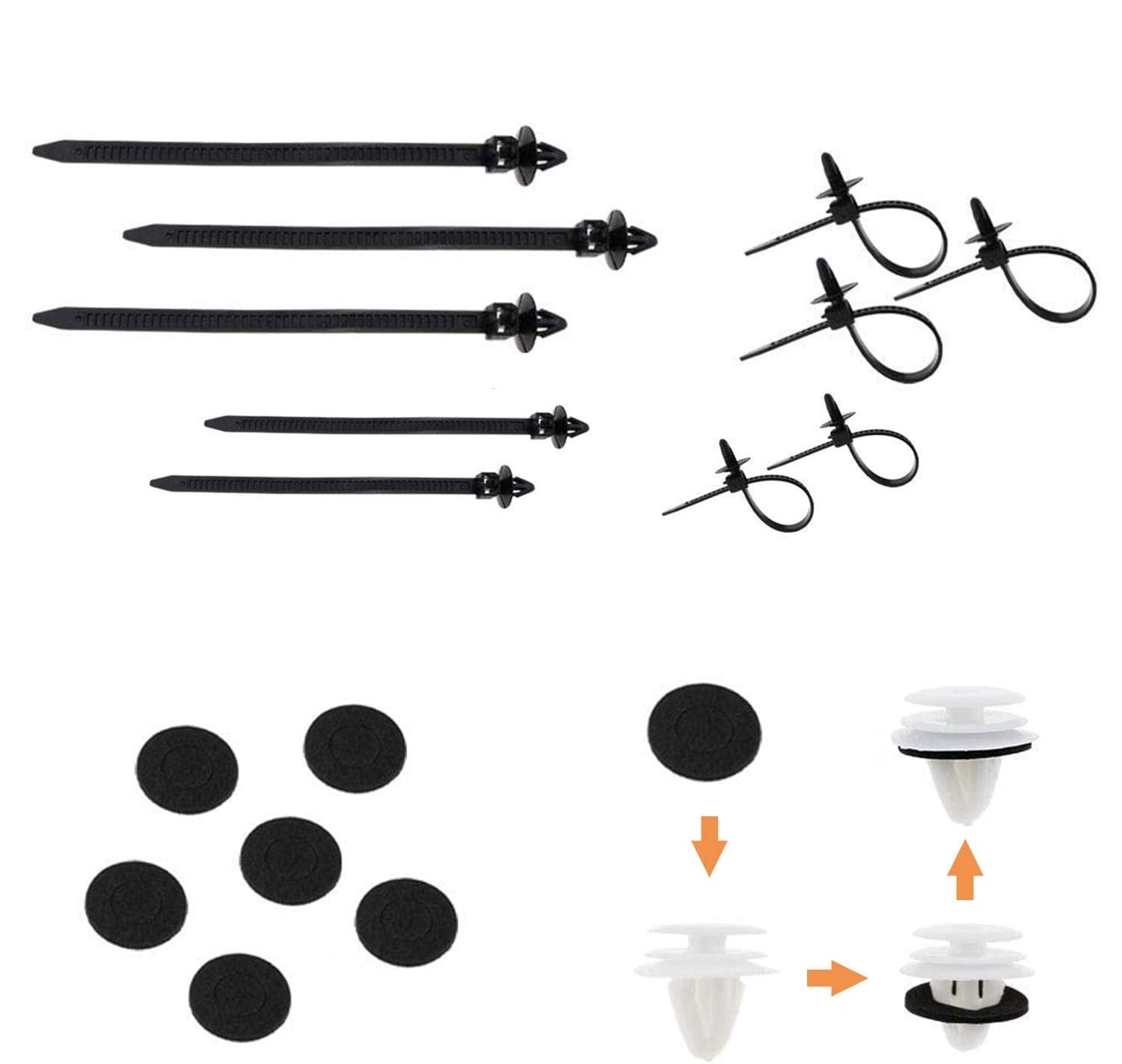 Set profesional 715 piese cleme auto de fixare universale, clipsuri caroserie 660 buc + 6 unelte demontare + coliere plastic + garnituri burete, compatibil BMW, Mercedes, Toyota, Honda, Nissan, Mazda, Jeep, kit complet reparatii si tapiterie auto