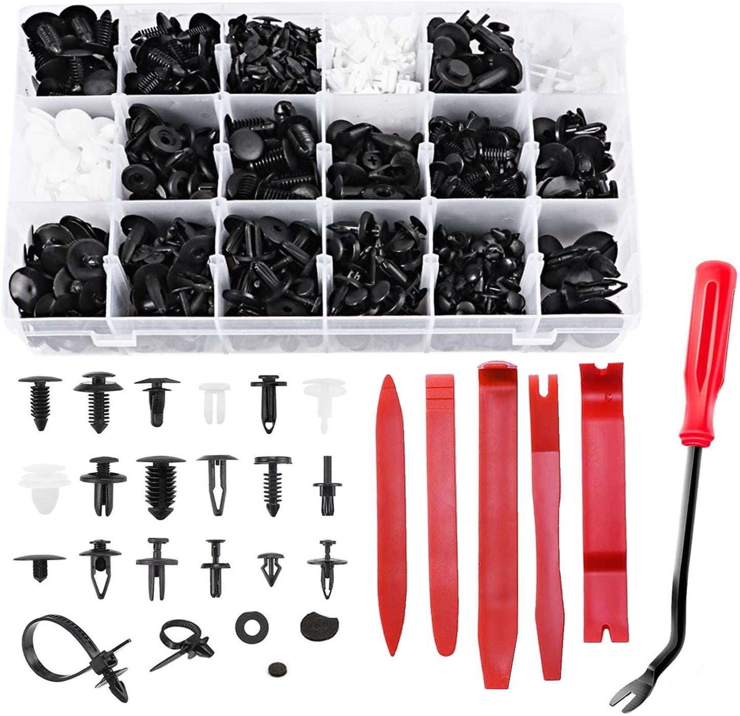 Set profesional 715 piese cleme auto de fixare universale, clipsuri caroserie 660 buc + 6 unelte demontare + coliere plastic + garnituri burete, compatibil BMW, Mercedes, Toyota, Honda, Nissan, Mazda, Jeep, kit complet reparatii si tapiterie auto
