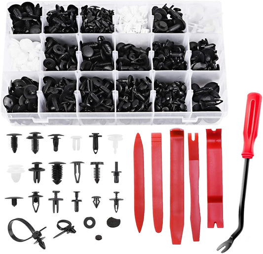 Set profesional 715 piese cleme auto de fixare universale, clipsuri caroserie 660 buc + 6 unelte demontare + coliere plastic + garnituri burete, compatibil BMW, Mercedes, Toyota, Honda, Nissan, Mazda, Jeep, kit complet reparatii si tapiterie auto