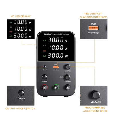 Sursa de alimentare de laborator 0-30 V, 0-10 A, 300 W, cu display LED, ventilator de racire, functie protectie supracurent (OCP), cu port USB 15W, stabilizare voltaj si curent, CV/CC