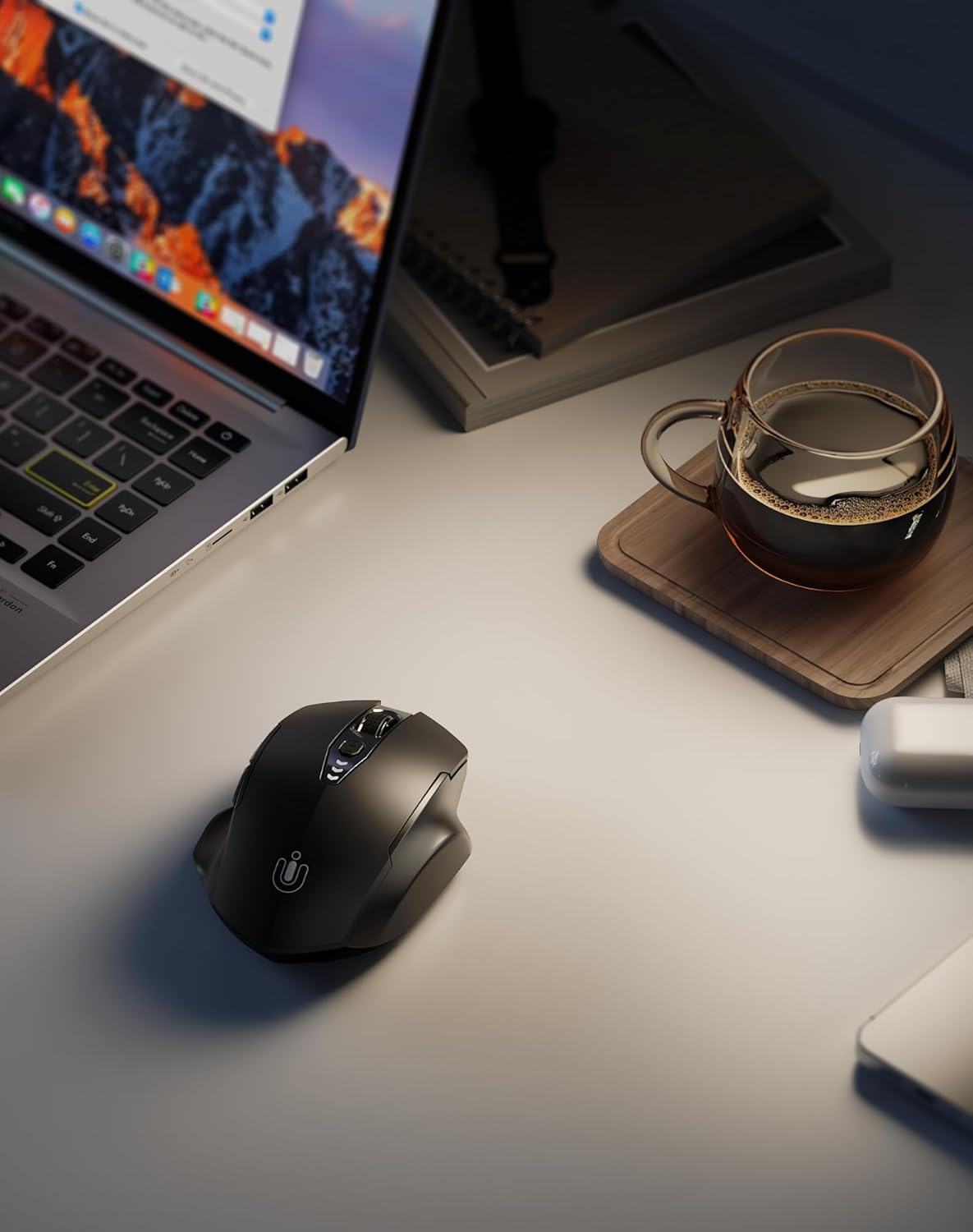Mouse wireless cu Bluetooth 5.0/4.0 si 2.4 GHz, DPI reglabil pe 4 niveluri, indicator nivel baterie, design ergonomic, pentru laptop si PC, negru