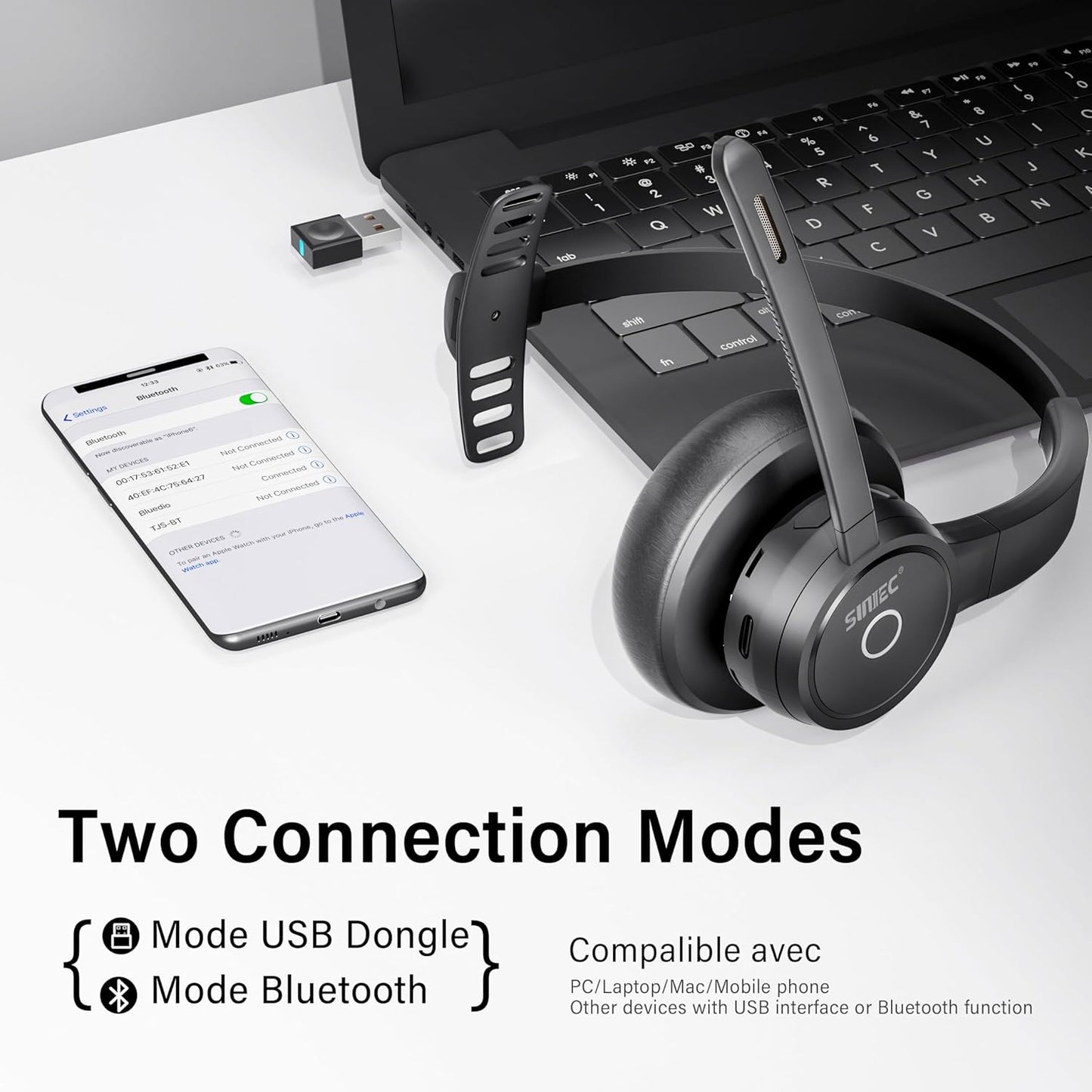 Casti Bluetooth SUNITEC V5.3 cu microfon pentru PC, ENC reducere zgomot 98%, dongle USB, statie de incarcare, conexiune multipunct, autonomie 16h, compatibile Zoom / Teams / Skype, negru