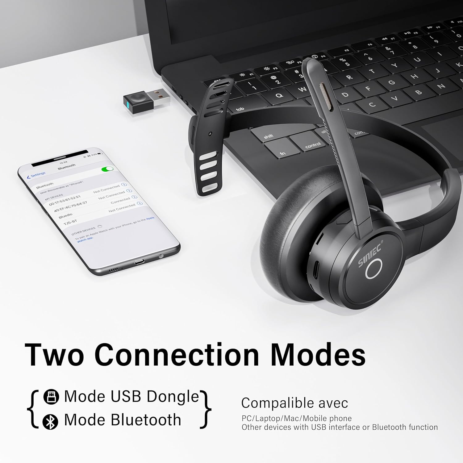 Casti Bluetooth SUNITEC V5.3 cu microfon pentru PC, ENC reducere zgomot 98%, dongle USB, statie de incarcare, conexiune multipunct, autonomie 16h, compatibile Zoom / Teams / Skype, negru