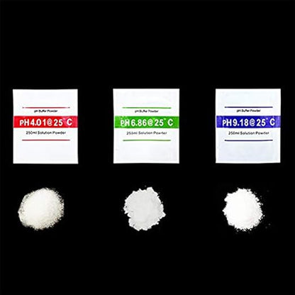 Set solutii calibrare pentru pH-metru, precizie de ±0, 01 unitati de pH la 25°C, stabil, 18 plicuri x pH 4, 01, 6, 86 si 9, 18, pentru testarea apei din piscina, testarea hidroculturii pentru acvarii