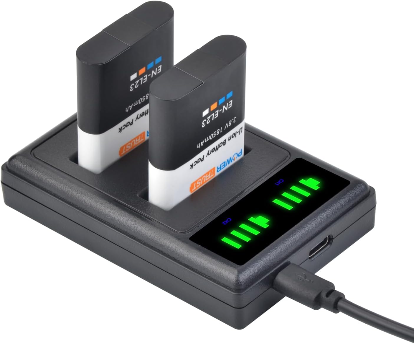 Set de 2 acumulatori EN-EL23 1850 mAh si incarcator dual, compatibil cu Nikon Coolpix P900 P600 P610 P610s P900s S810c B700
