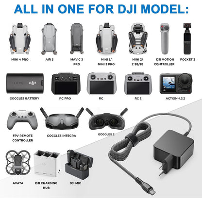 Incarcator 65W compatibil DJI, 5-20V, 3A, pentru DJI Mini 4 Pro, DJI Avata, Mini 3 Pro, Mavic 3 Pro, Mini 3/Mini 3 Pro, telecomanda RC, RC Pro, RC 2, ochelari DJI, hub incarcare DJI, controler DJI Motion si alte dispozitive