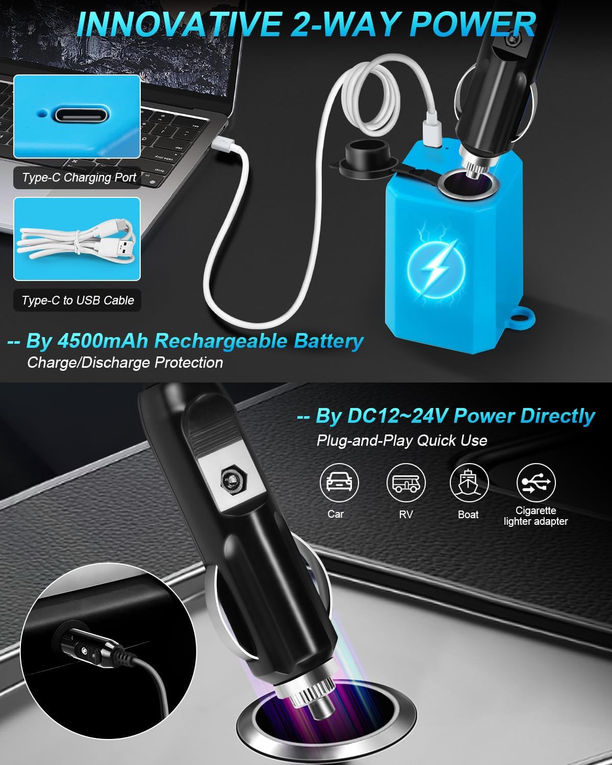 Dus portabil pentru camping 12-24 V, cu pompa electrica si acumulator reincarcabil de 4500 mAh, debit 0-8L/min reglabil, impermeabil, pentru drumetii, pescuit, spalat auto, animale, albastru