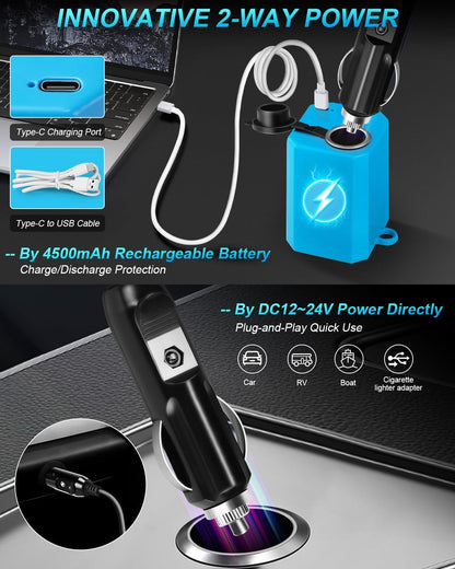 Dus portabil pentru camping 12-24 V, cu pompa electrica si acumulator reincarcabil de 4500 mAh, debit 0-8L/min reglabil, impermeabil, pentru drumetii, pescuit, spalat auto, animale, albastru