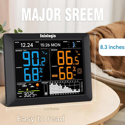 Statie meteo digitala cu display 8.3 inch, termometru, higrometru, fazele lunii, prognoza, alarma, ceas, calendar, senzor exterior cu raza pana la 100 m, negru