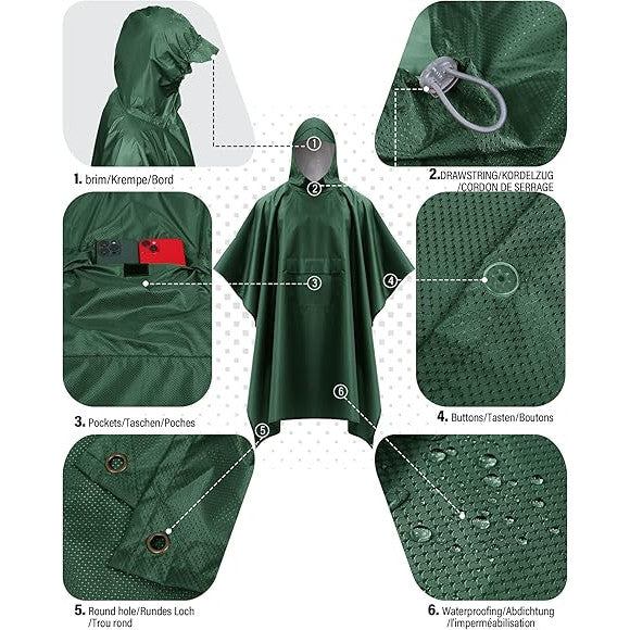 Pelerina de ploaie impermeabila 3 in 1 cu gluga si cozoroc, jacheta reutilizabila, poncho multifunctional, de buzunar, functie de cort, pentru drumetii, camping si natura