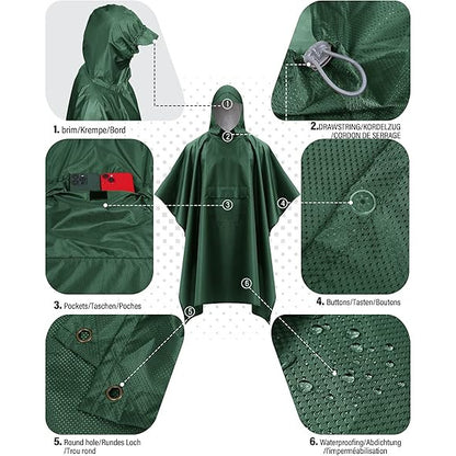 Pelerina de ploaie impermeabila 3 in 1 cu gluga si cozoroc, jacheta reutilizabila, poncho multifunctional, de buzunar, functie de cort, pentru drumetii, camping si natura