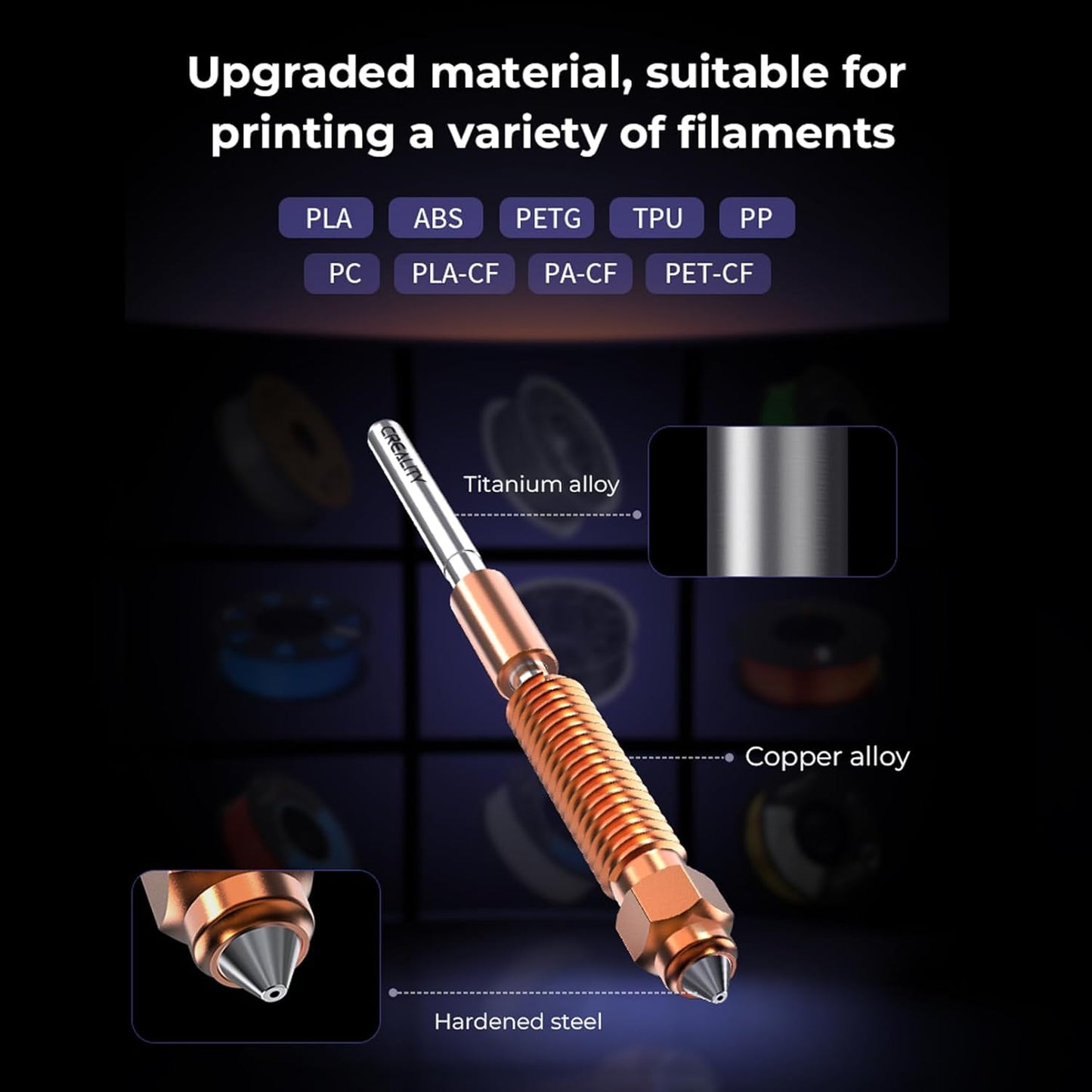 Set 4 duze Creality Unicorn pentru imprimanta 3D, debit mare pentru imprimare high-speed, 2 duze 0.4 mm, 1 duza 0.6 mm, 1 duza 0.8 mm, compatibil K1C si Ender 3 V3, din aliaj de cupru, otel calit si titan