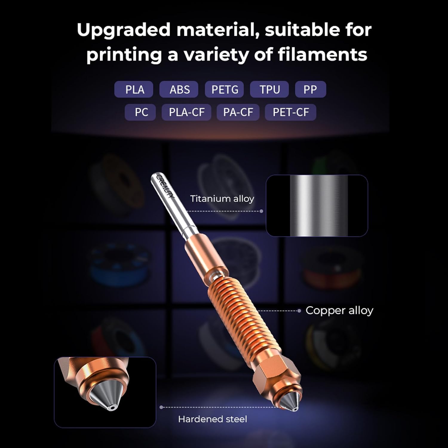 Set 4 duze Creality Unicorn pentru imprimanta 3D, debit mare pentru imprimare high-speed, 2 duze 0.4 mm, 1 duza 0.6 mm, 1 duza 0.8 mm, compatibil K1C si Ender 3 V3, din aliaj de cupru, otel calit si titan