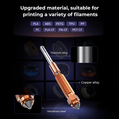 Set 4 duze Creality Unicorn pentru imprimanta 3D, debit mare pentru imprimare high-speed, 2 duze 0.4 mm, 1 duza 0.6 mm, 1 duza 0.8 mm, compatibil K1C si Ender 3 V3, din aliaj de cupru, otel calit si titan