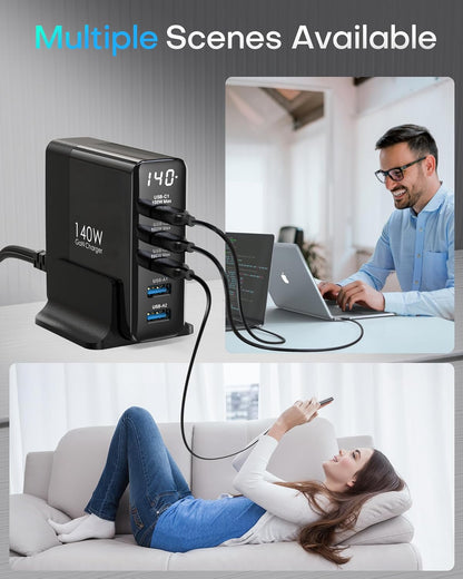 Incarcator retea 140W GaN, statie de incarcare cu 5 porturi, 3 USB-C 100W si 2 USB-A, afisaj digital, protectie supracurent, supratensiune, scurtcircuit si supraincalzire, cu cablu alimentare de 1.5 m, negru