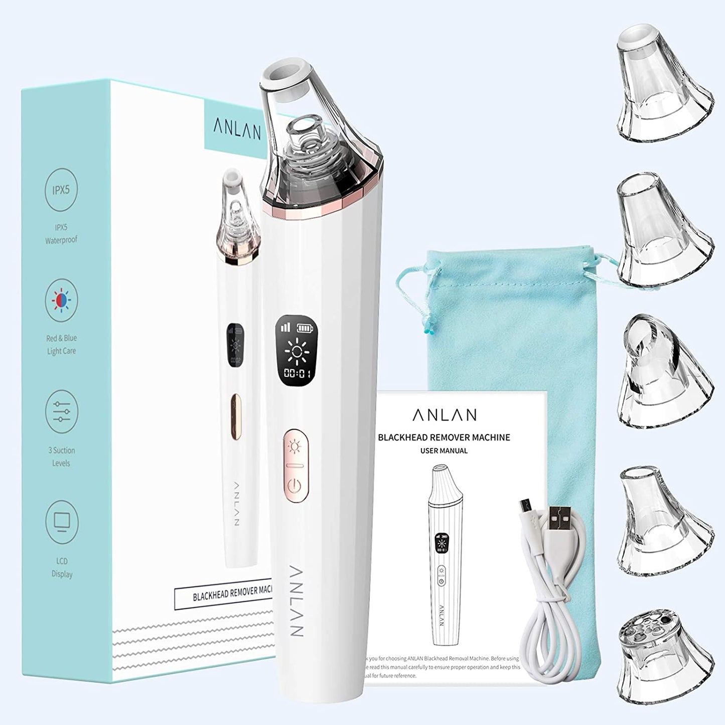 Aparat vacuum pentru indepartare puncte negre Anlan cu incarcare USB, impermeabil, 3 nivele de aspirare, cu 5 capuri de curatare interschimbabile