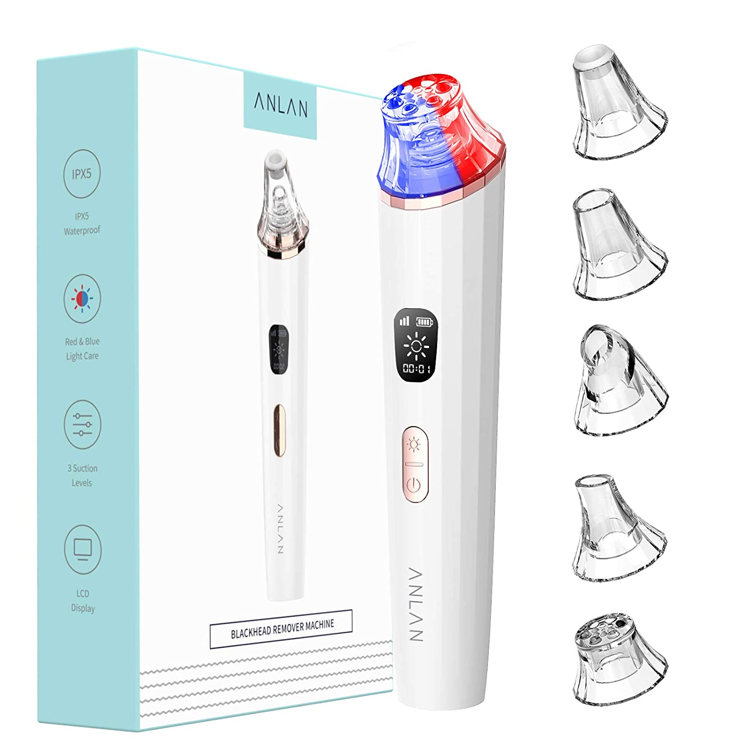 Aparat vacuum pentru indepartare puncte negre Anlan cu incarcare USB, impermeabil, 3 nivele de aspirare, cu 5 capuri de curatare interschimbabile