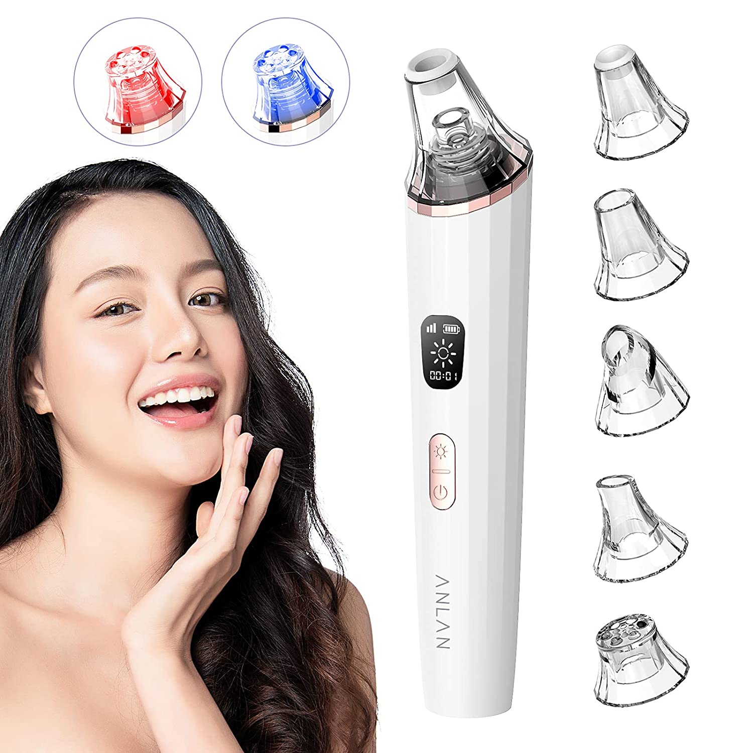 Aparat vacuum pentru indepartare puncte negre Anlan cu incarcare USB, impermeabil, 3 nivele de aspirare, cu 5 capuri de curatare interschimbabile