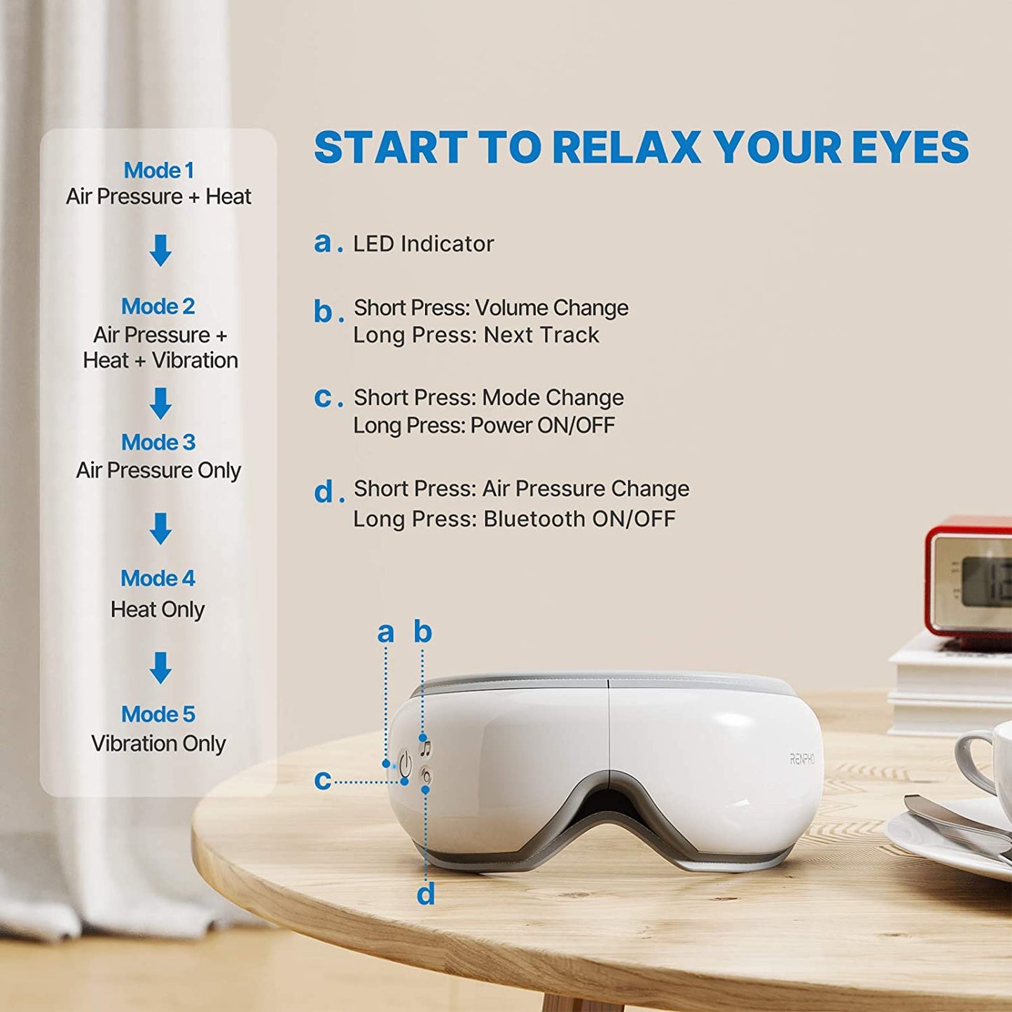 Aparat de masaj ocular, pentru ochi , ochelari pliabili Renpho pentru masare cu Bluetooth, muzica, vibratii, aer cald