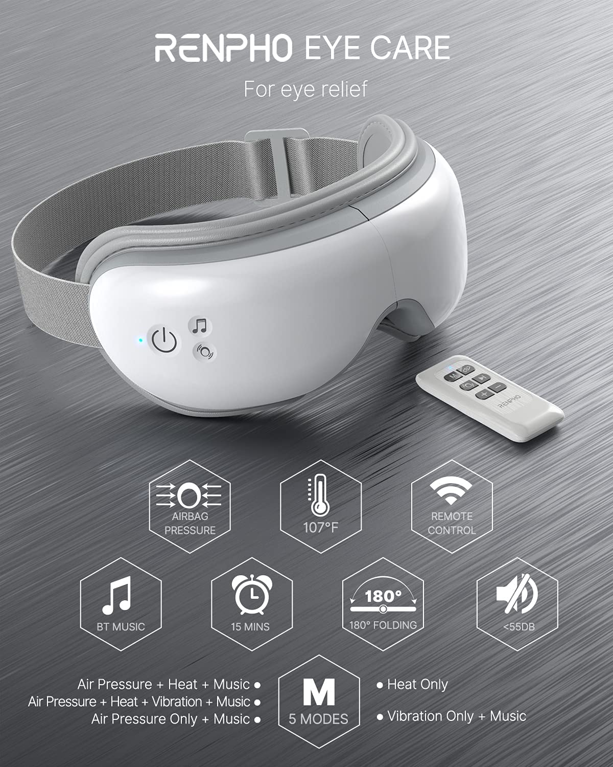 Aparat de masaj ocular Renpho , pentru ochi cu telecomanda si functie de caldura, masaj, muzica prin Bluetooth, ochelari de masaj reincarcabili pentru ameliorarea durerii oculare, imbunatatirea ochilor uscati si a somnului