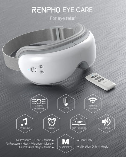 Aparat de masaj ocular Renpho , pentru ochi cu telecomanda si functie de caldura, masaj, muzica prin Bluetooth, ochelari de masaj reincarcabili pentru ameliorarea durerii oculare, imbunatatirea ochilor uscati si a somnului