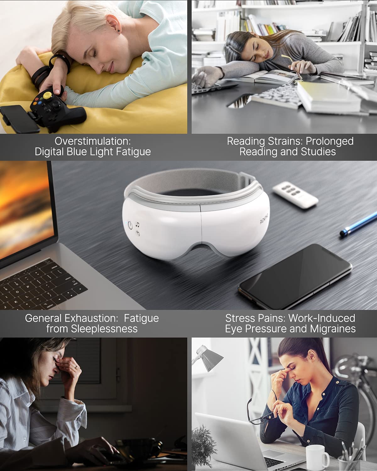 Aparat de masaj ocular Renpho , pentru ochi cu telecomanda si functie de caldura, masaj, muzica prin Bluetooth, ochelari de masaj reincarcabili pentru ameliorarea durerii oculare, imbunatatirea ochilor uscati si a somnului