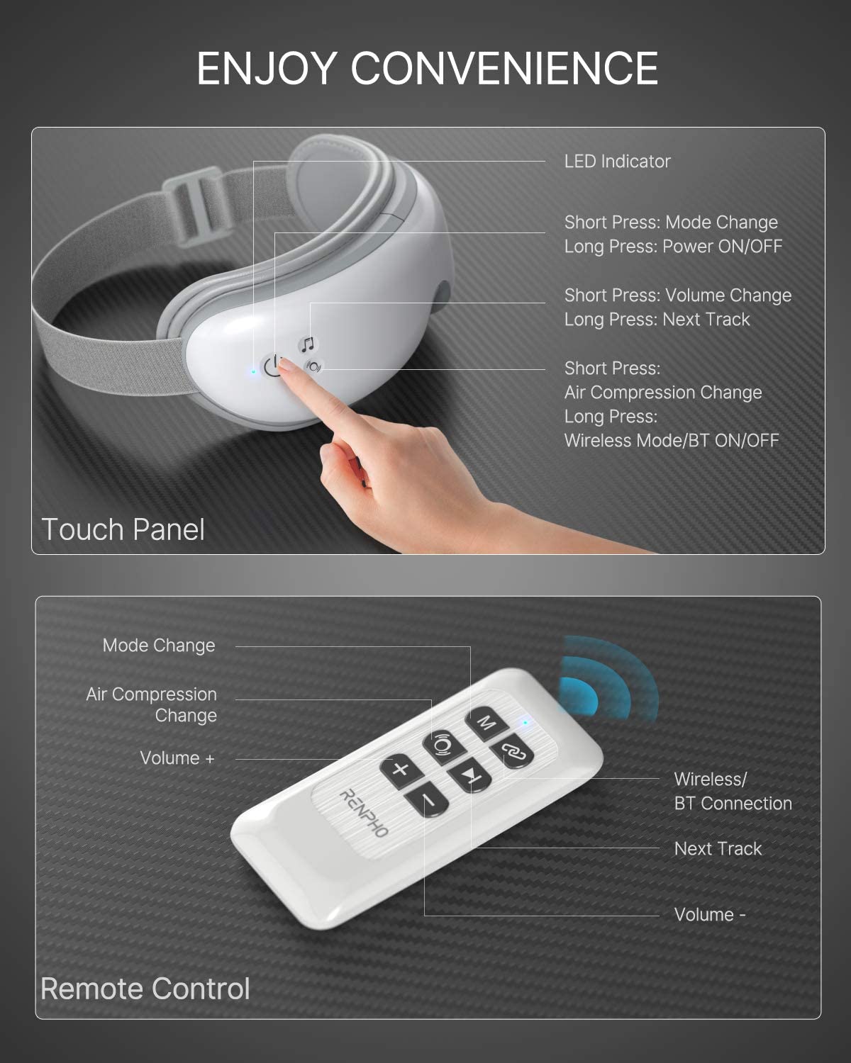 Aparat de masaj ocular Renpho , pentru ochi cu telecomanda si functie de caldura, masaj, muzica prin Bluetooth, ochelari de masaj reincarcabili pentru ameliorarea durerii oculare, imbunatatirea ochilor uscati si a somnului