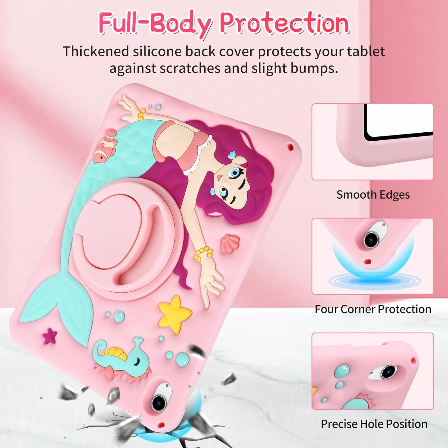 Husa de protectie pentru iPad Gen 11 A16 si iPad Gen 10 2022 10.9 inch, model sirena, cu stand tip inel rotativ 360° si curea de umar, roz