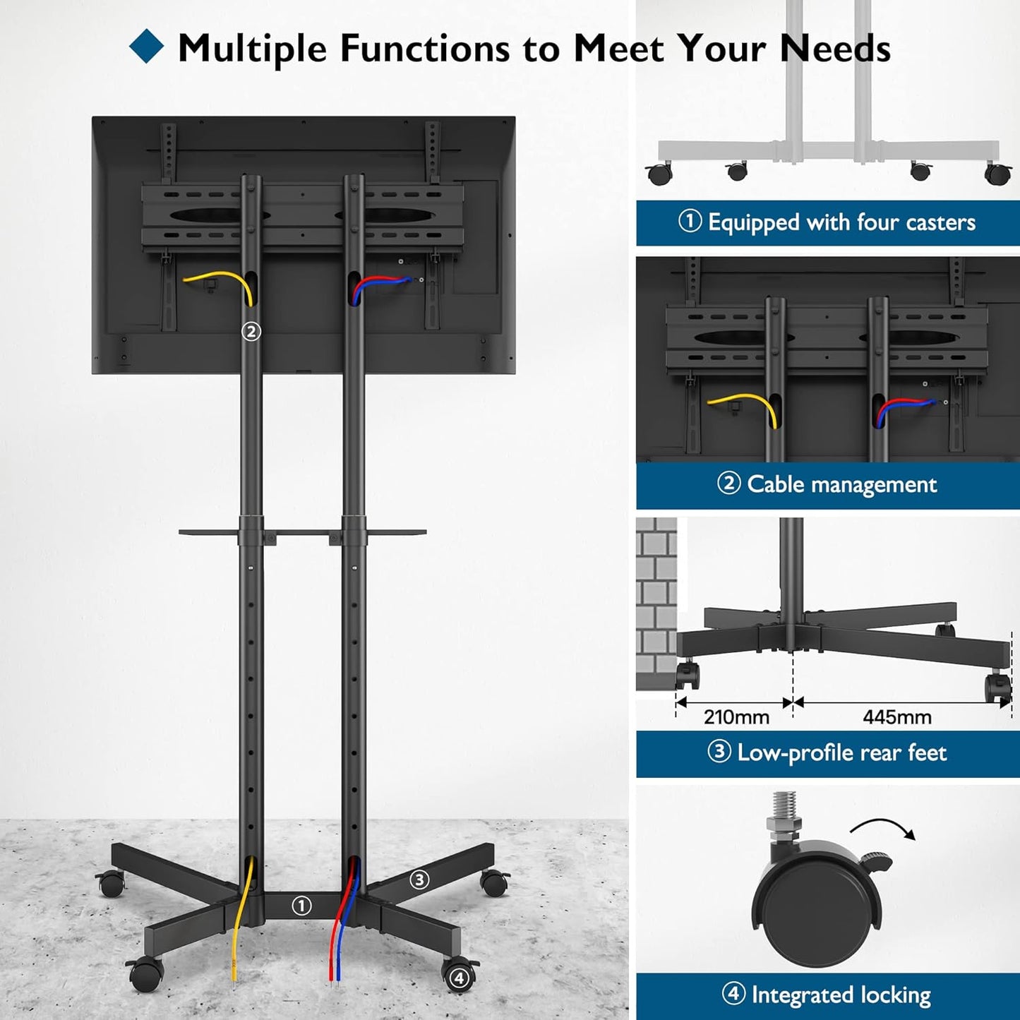 Suport TV stand cu roti, pentru televizoare de 32-85 inch plat si curbat de pana la 60 kg, reglabil in inaltime, VESA maxim 600 x 400 mm, negru
