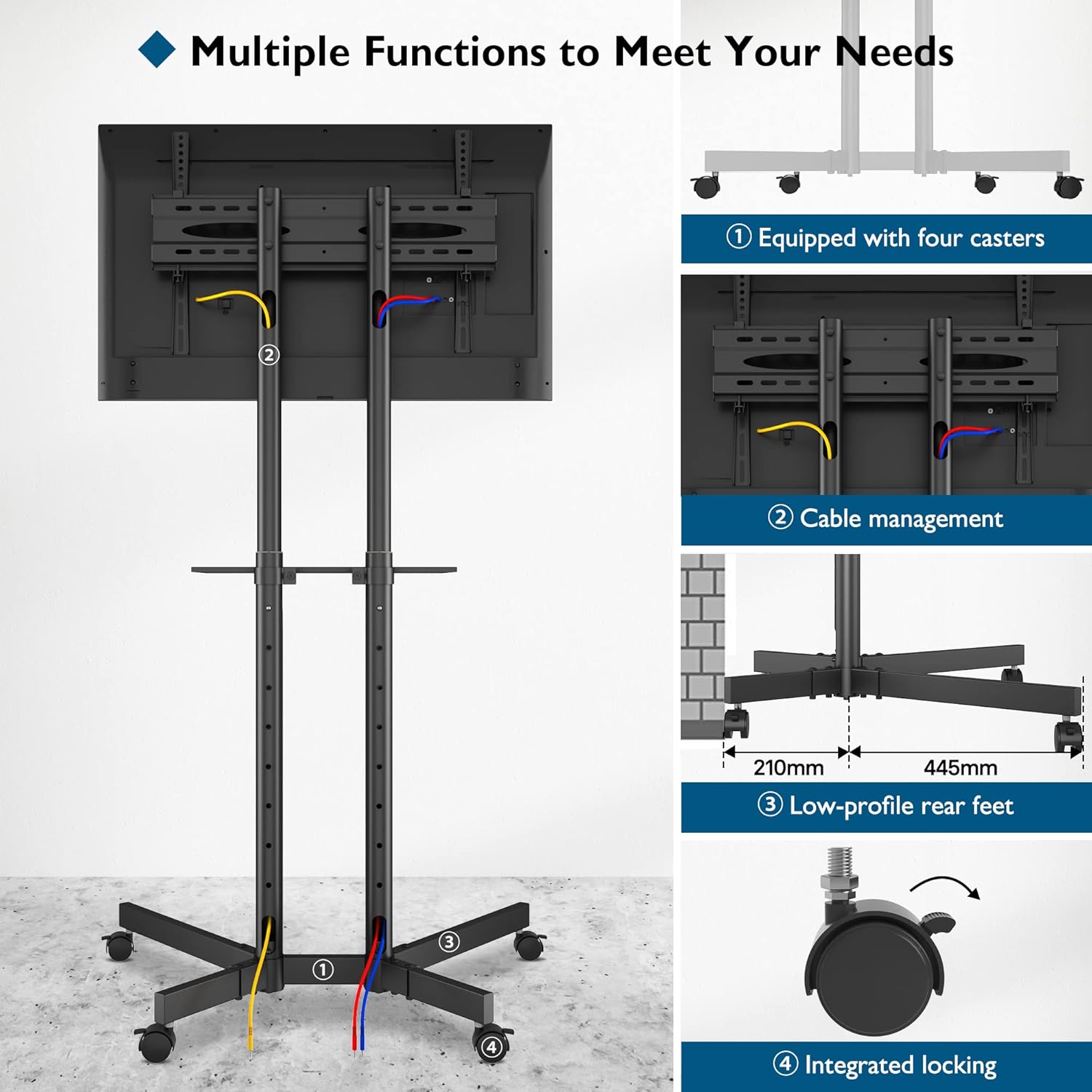 Suport TV stand cu roti, pentru televizoare de 32-85 inch plat si curbat de pana la 60 kg, reglabil in inaltime, VESA maxim 600 x 400 mm, negru
